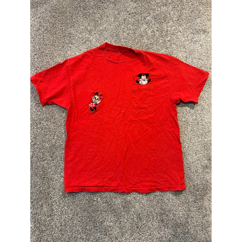 Disney T-Shirt Mens L* Red Mickey Minnie Mouse Embroidered Pocket Vintage Style